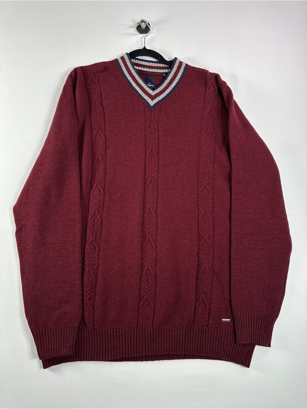 Daniel Hechter Cable Knit Wool Blend V Neck Sweater Burgundy Size XL